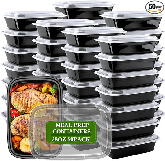 Meal Prep Containers Reusable 38oz - Food Prep Containers with Lids 50 Pack, Disposable To Go Food Containers, Leakproof, Stackable, Takeout, BPA-Free, Microwave/Freezer Safe