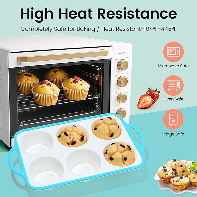 Silicone Jumbo Muffin Pan with Metal Frame, Non Stick Food Grade Silicone Large Muffin Pan, with Handles 6 Cup,BPA-Free and Dishwasher Safe, Jumbo Cupcake Pans - 2 Piece Blue