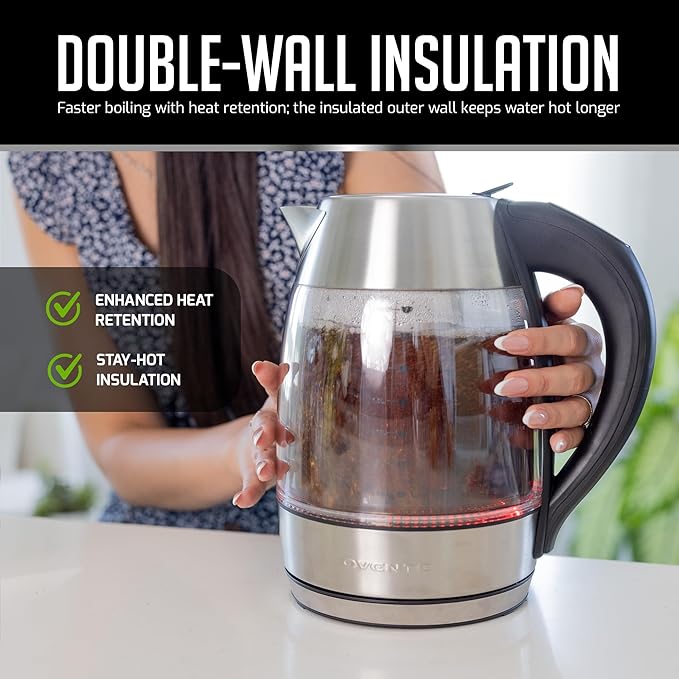 OVENTE Electric Tea Kettle with Temperature Control, Removable Tea Infuser, Easy to Fill Lid, Keep Warm Function, Auto Shut-Off, 1.7L Double Wall Borosilicate Glass, Stainless Steel Base, Silver KD68S