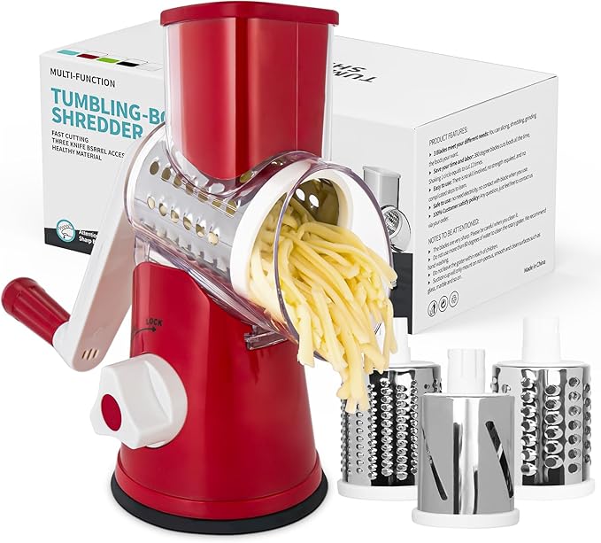 X Home Rotary Cheese Grater for Kitchen, Shredder with 3 Interchangeable Blades, Rotary Grater with Handle and Strong Suction Base, for Vegetables, Fruit, Nuts, Easy to Use and Clean, Red
