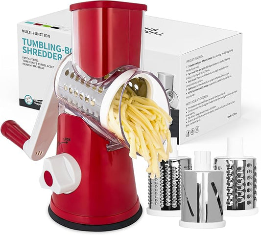 X Home Rotary Cheese Grater for Kitchen, Shredder with 3 Interchangeable Blades, Rotary Grater with Handle and Strong Suction Base, for Vegetables, Fruit, Nuts, Easy to Use and Clean, Red