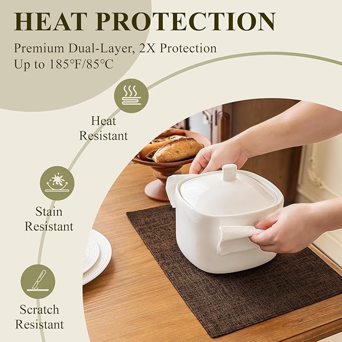 KXN Placemats Set of 6, Dual-Layer Thickened Faux Linen Table Mats, Heat Resistant & Wrinkle-Free, Machine Washable Cloth Place Mats for Kitchen Dining Indoor Outdoor (Brown)