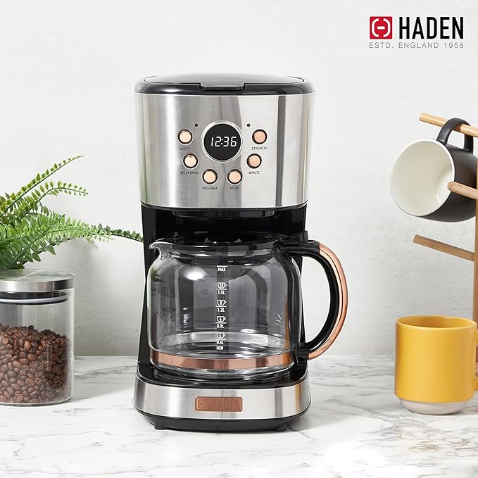 Haden Coffee Machine, 12 Cup Programmable Drip Coffee Maker with Auto Shut-Off Function and Reusable Washable Water Filter, Steel & Copper