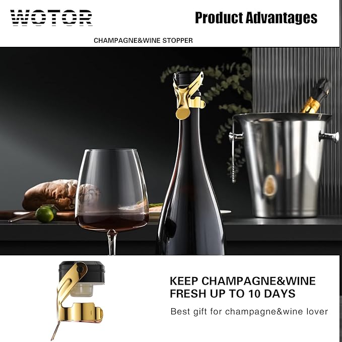 WOTOR Champagne&Wine Bottle Stoppers Stainless Steel with Food Grade Silicone, Leak Proof Keep Fresh Reusable Saver, Cork Suitable for Wine, Champagne, Cava, Prosecco and Sparkling (12 Pack Gold）
