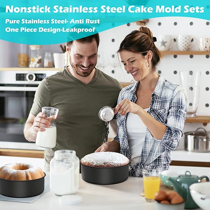 LIANYU 6 inch Cake Pans for Baking, Round Cake Pan Set of 4, Nonstick Stainless Steel Baking Tin Bakeware for Birthday Wedding Party, Non Toxic Coating, 3 Inch Deep, Black