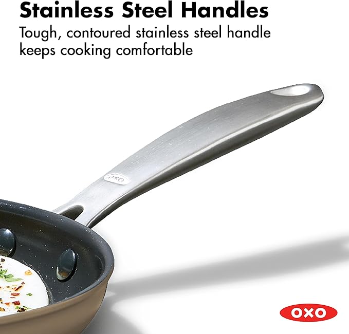OXO Enhanced 12” Nonstick Frying Pan Skillet, Ceramic PFAS-Free Cookware, Stainless Steel Handle, Eggs & Omelets, Dishwasher & Oven Safe, Biscuit Brown