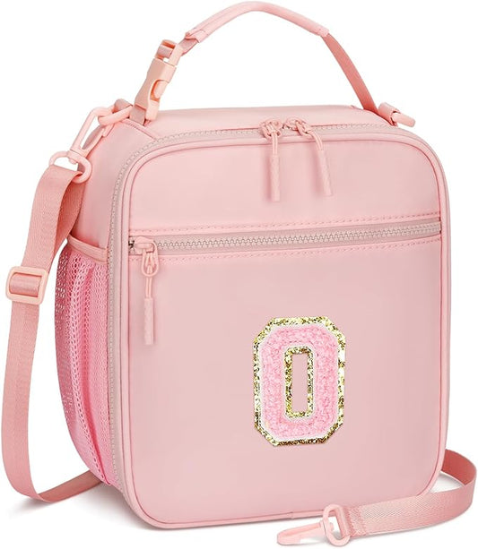 Initial Insulated Lunch Bag for Girls Kids, Back to School Gift, Reusable Leak-proof Lunch Box with Adjustable Strap for School Daycare Travel Picnic (Pink,O)