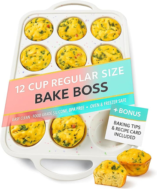 12-Cup Silicone Muffin Pan with Metal-Reinforced Handles – Nonstick, Non-Toxic Cupcake Pan for Baking – Easy-Release, BPA-Free, Dishwasher-Safe Silicone Muffin Tray - 1 PACK - CREAM