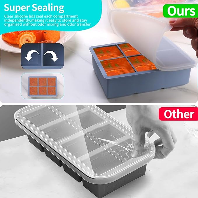1/2 Cup Silicone Freezer Tray With Lid - Silicone Freezer Molds 4-Pack For meal prep & freezing of various sauces and other dishes, makes 24 perfect 1/2 cup portions cubes (Blue 4 Pack)