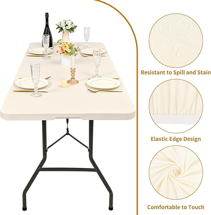 10 Pack Fitted Tablecloth for 8 Foot Rectangle Tables, Ivory Elastic Outdoor Picnic Table Cover, Washable Stretch Folding Table Cloths 8 ft for Camping Party Patio Kitchen Banquet, 30" W x 96" L