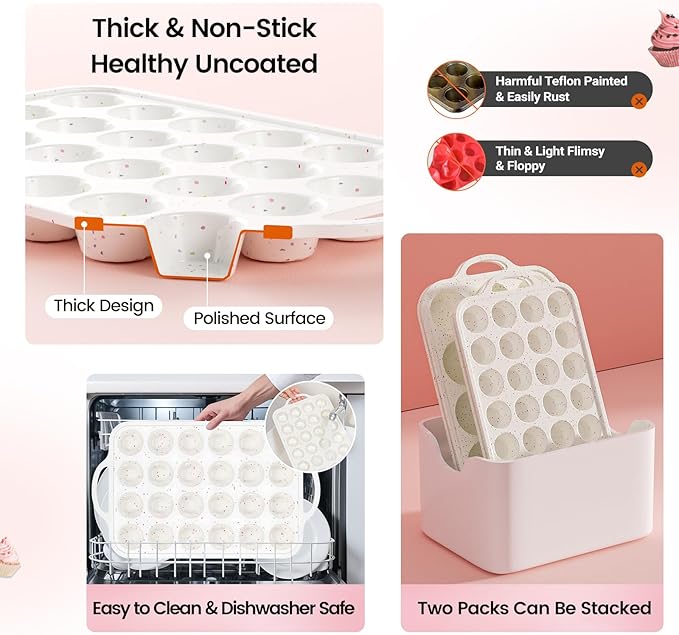 Muffin Pans With Metal Reinforced Frame - 24 Cups Durable Silicone Baking Pan for Muffins, Cupcakes, BPA Free and Dishwasher Safe - Beige with Rainbow Spots, Set of 2
