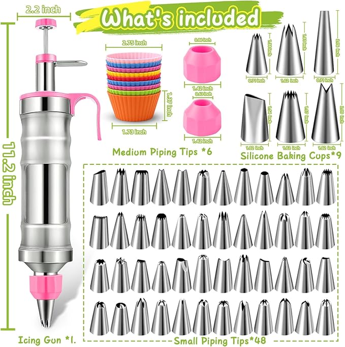 NOVANO Dessert Decorating Syringe Set, Frosting Piping Kit Stainless Steels Cake Decorating Kit with 54 Piping Tips & 9 silicone cupcakes, Cupcake Decorating Kit Piping Bags and Tips Set