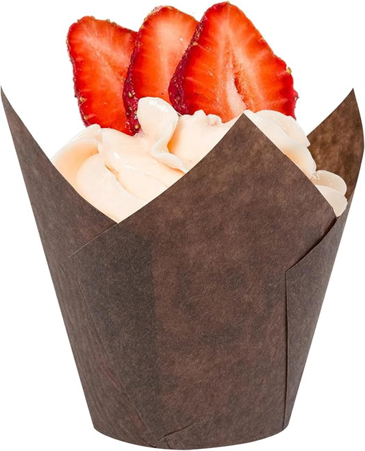 Tulip Cupcake & Muffin Liners – 50gsm Medium Floral Baking Cups – 267 Pcs Natural & Non Toxic Paper Wrappers for Wedding, Bakery, & Party Supplies, Brown, by BHI Packaging