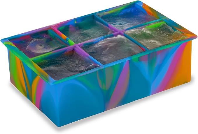Host Ice Cube Tray with Lid, Makes 6 Large 2" Cubes, Durable Silicone Trays, Perfect for Cocktails, Beverages, Mocktails, Iced Coffee, Tea, Infused Water, Kitchen Essentials, Set of 1, Colored Marble