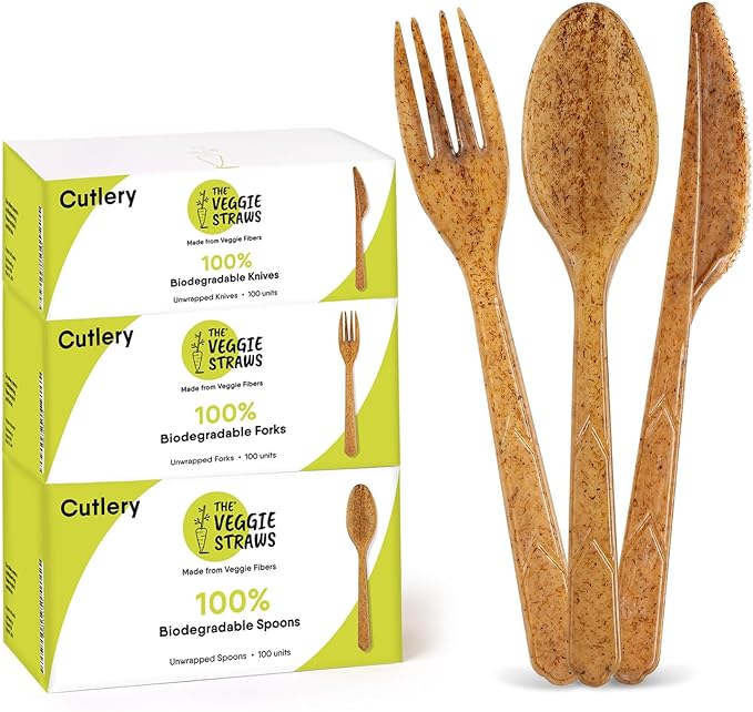 100% Biodegradable Cutlery Made of Vegetable Fibers, 300 PCS of 6.7” Long Heavy-Duty and Splinter Free Eco-Friendly Spoons, Forks & Knives, Perfect Sustainable Cutlery by The Veggie Straws