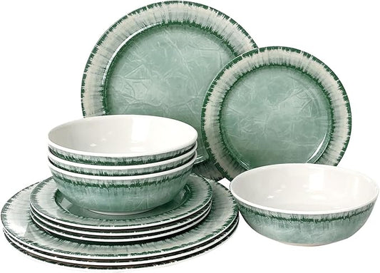 AELS Melamine Dinnerware Set of 12 Pcs Dinner Dishes Set for Indoor and Outdoor Use, Dishwasher Safe, Lightweight Unbreakable, BPA Free, Sage Green