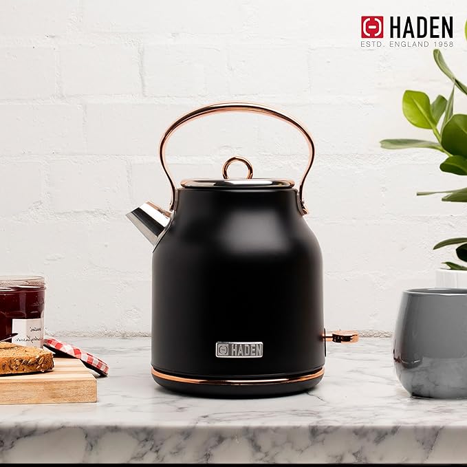 HADEN Heritage 1.7 Liter Stainless Steel Electric Kettle Bundled with 12 Cup Drip Coffee Maker, Coffee Machine with Auto Shut-Off, Black & Copper