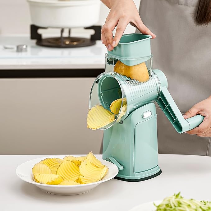 Rotary Cheese Grater Hand Crank, 5 in 1 Mandoline Vegetable Slicer - 5 Sets of Blades,Strong Suction Base&Easy to Clean - Kitchen Cheese Grater Shredder with Handle for Fruit,Vegetable,Nuts