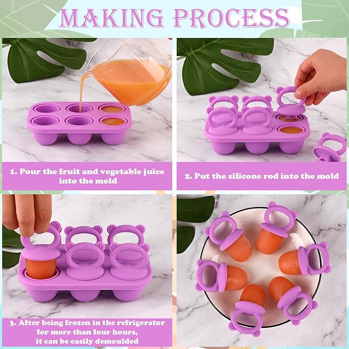 Sakolla Baby Popsicle Molds Mini 6-Cavity Silicone Ice Pop Mold with Sticks Breastmilk Popsicle Molds for Teething Relief Toddler Popsicle Mold for Ice Cream Frozen Yogurt and Fruit Juice (Purple)