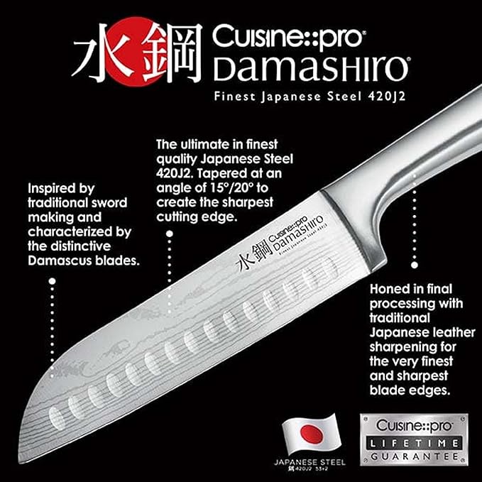 Cuisine::pro Damashiro 8-Piece Satori Knife Block - Japanese Steel Knife Set with Acacia Wood Knife Block -Damascus-Inspired Blade