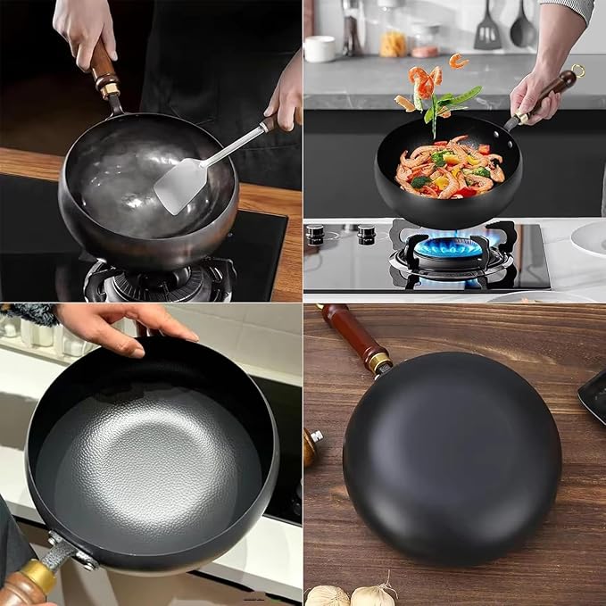 Jinswhdre Cast Iron Skillet, 9.5/11in Jinswhdre Japanese Irons Pan, Hand Forged Uncoated Iron Pan with Lid Spatula, Non-stick Wok for Cooker Gas Stir Fry Pans Durable and Rust-Free (Wooden Lid,11in)