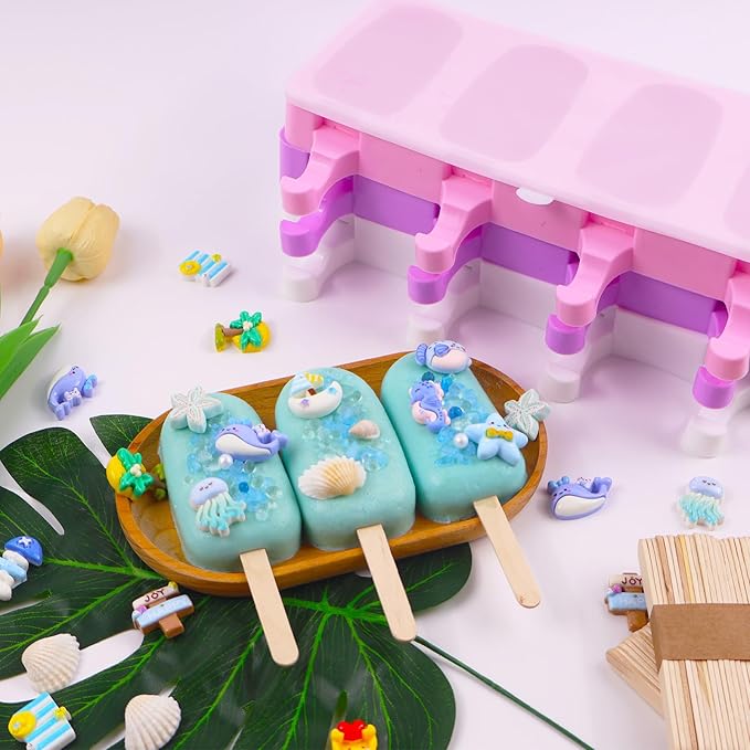 3pcs Large Silicone Popsicle Molds with Lids,4 Cavities Cake Pop Molds,Oval Ice Cream Bar Mold Ice Pop Cakesicle Molds Silicone with 100 Wooden Sticks & 100 Bags &100 Twist Ties(White)