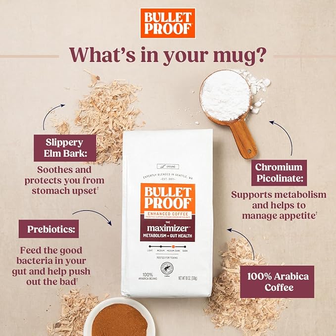 Bulletproof The Maximizer Ground Coffee, 10 Ounces, Clean Coffee with Prebiotics, Metabolism and Gut Health Support, Packaging May Vary