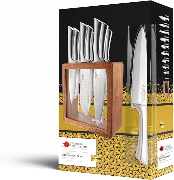 Cuisine::pro Damashiro Knife Block (Hiryu, 10-Piece Set) - Premium Japanese Steel Knife Set with Acacia Wood Block & Tempered Glass Window - Damascus-Inspired Blade