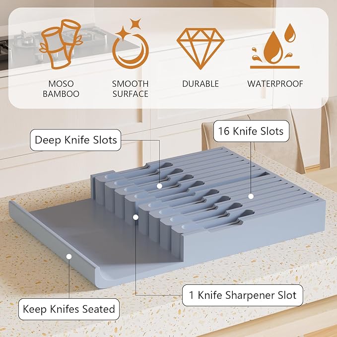 Domax Bamboo In-drawer Knife Block - Knife Drawer Organizer Insert Large Handle Steak Knife Holder, Kitchen Drawer Knife Organizer Fits for 16 knives and 1 Sharpening Steel (Not Included), Gray