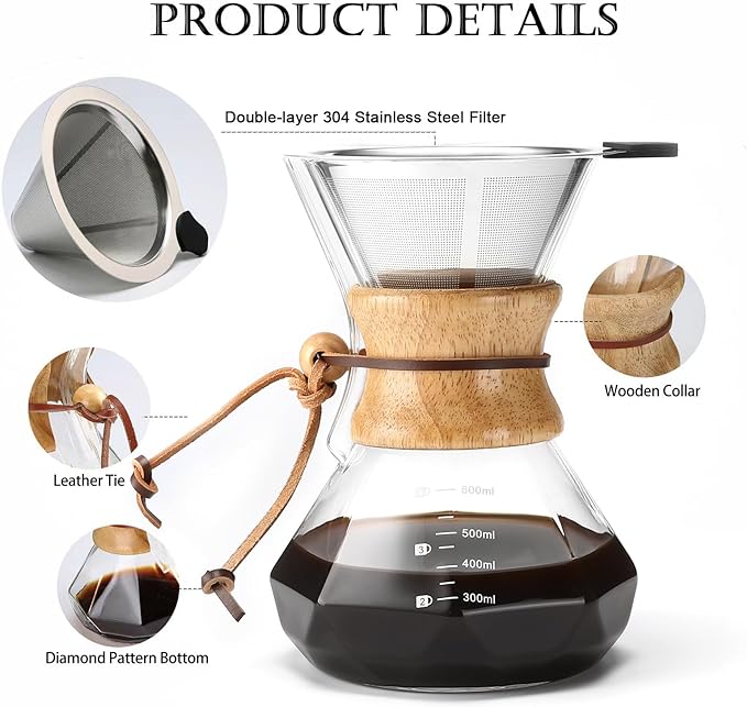 Pour Over Coffee Maker with Stainless Steel Filter, 20 oz Borosilicate Glass Coffee Carafe, Wooden Collar, Coffee Maker Carafe, Hold 3-4 Cups, 600 ml, Clear