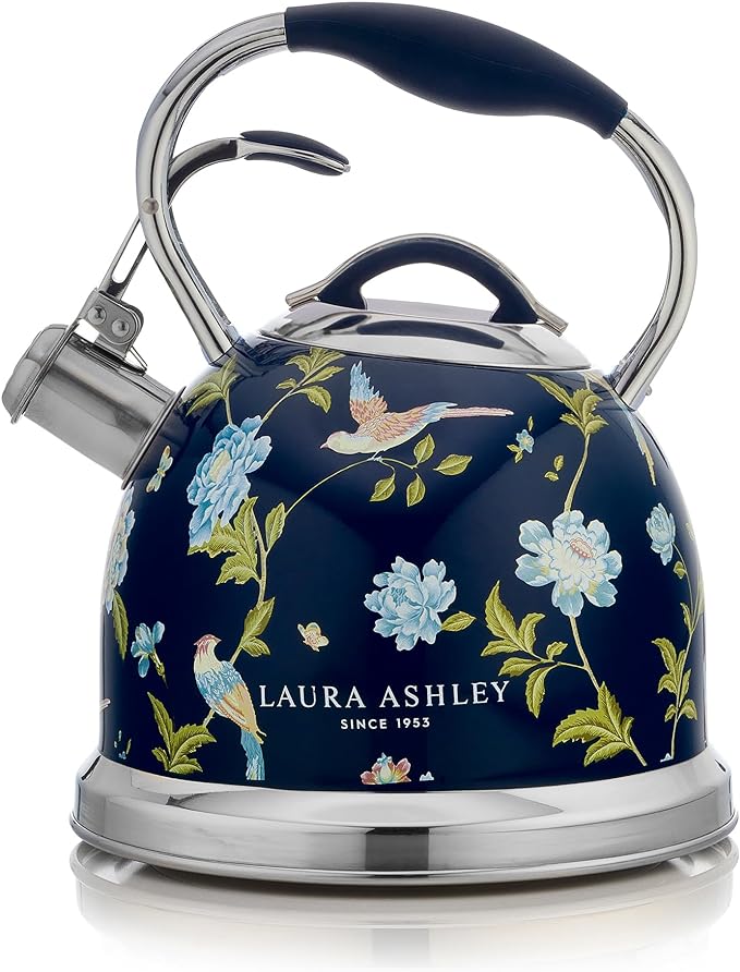 VQ Laura Ashley Elveden Navy 2.5L Stainless Steel Tea Kettle Stovetop Whistling Teapot for Induction, Gas Hob or others. Silicon Coated Cool Handle & Push Button Mechanism Vintage Stove Top Kettle