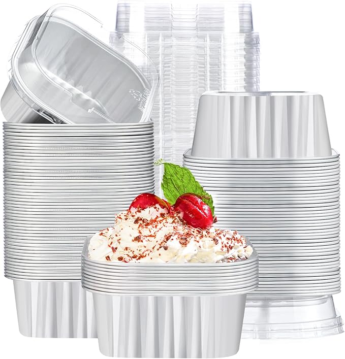 EUSOAR Disposable Ramekins with Lids, Silver 10oz 100pcs Creme Brulee Ramekins Disposable, Muffin Cups for Baking, Mini Cake loaf Bread Containers Pans Cups with Lids for Party Favor Birthday