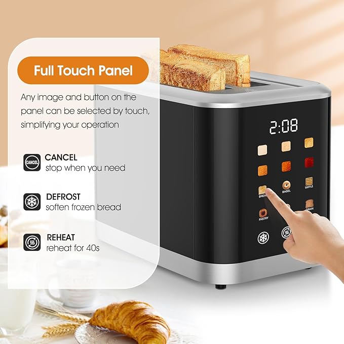 Touch screen Toaster 2 Slice Digital Timer Toasters with 6 Bread Types & 6 Shade Settings, Smart Extra Wide Slots Toaster with Bagel Defrost Reheat Cancel Function