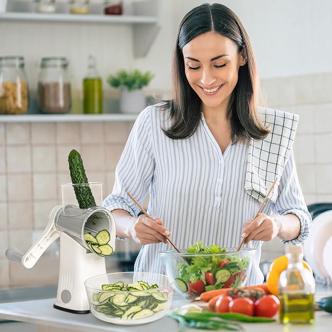 X Home 5-in-1 Rotary Cheese Grater for Kitchen, Upgraded Hand Crank Shredder with Stronger Suction Base & Multifunctional Drum Blades, for Cheese, Vegetables and Nuts, Easy to Use and Clean, White