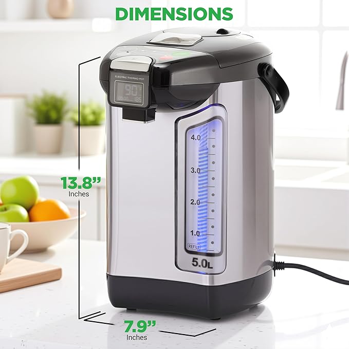 NutriChef Digital Water Boiler and Warmer - 5L/5.28 Qt Stainless Electric Hot Water Dispenser w/LCD Display, Rotating Base, Keep Warm, Auto Shut Off, Safety Lock, Instant Heating for Coffee & Tea