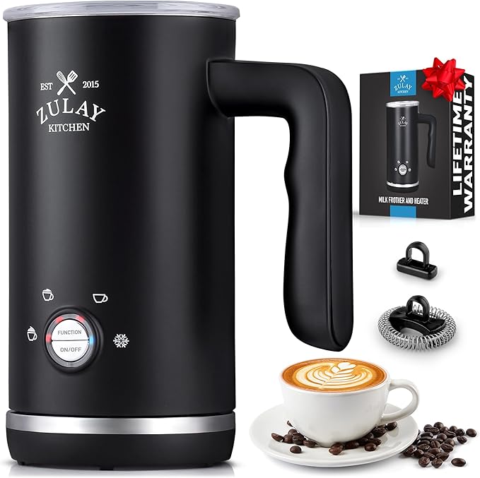 Zulay 4-in-1 Milk Frother & Steamer – Automatic Hot & Cold Foam Maker, Milk Warmer & Chocolate Mixer – 10oz/300ml Capacity, Nonstick Stainless Steel Interior, Quiet One-Touch Operation – Black