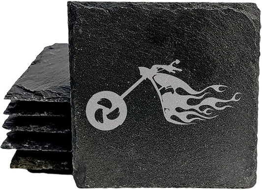 Ride The Fire: Flaming Chopper Motorcycle Coasters - Square Slate - Set of 5