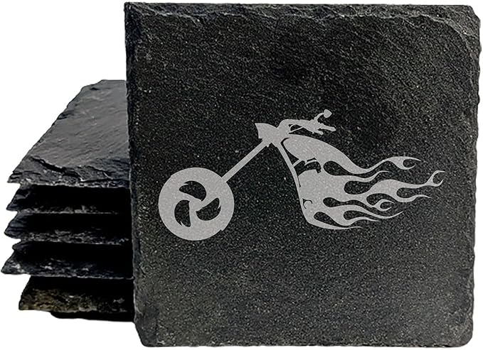 Ride The Fire: Flaming Chopper Motorcycle Coasters - Square Slate - Set of 8