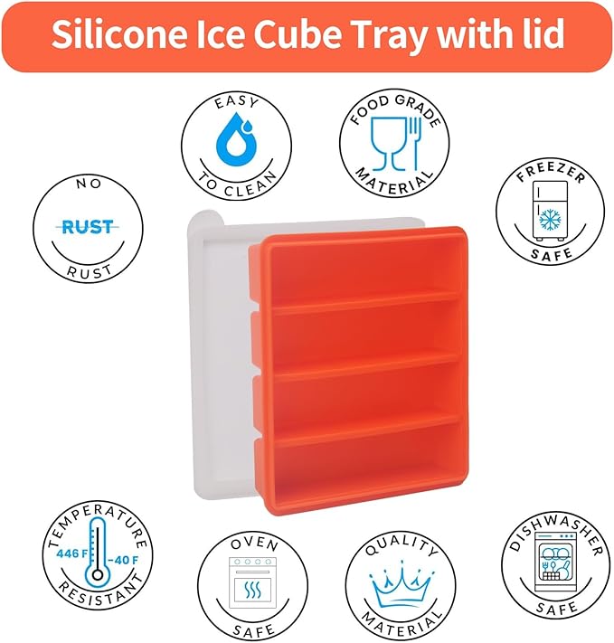 Large and Long Ice Cube Tray 4 Pack Silicone Freezing Container Sticks with Lid for Whiskey, Water Bottle, Food Leftovers and Baking (4 Pack Orange)