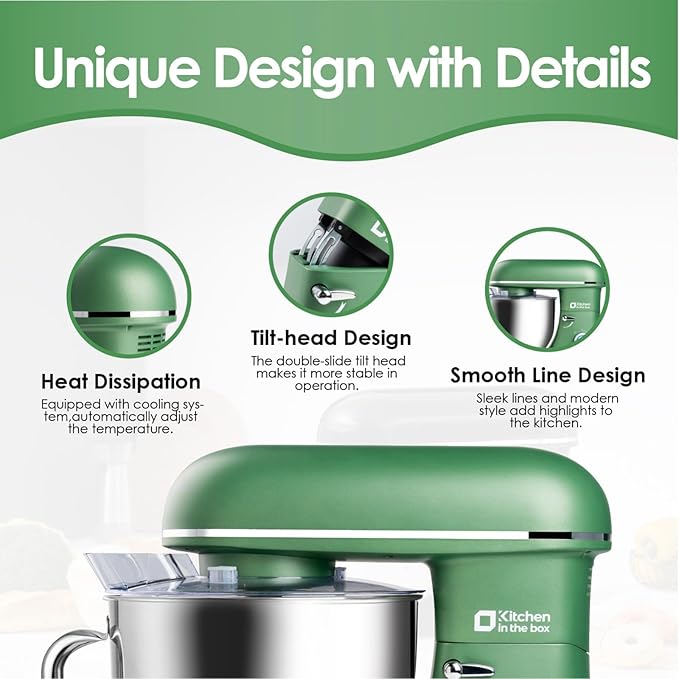 Kitchen in the box Stand Mixer, 900W 8.5QT Kitchen Electric Mixer, 6-Speed Large Capacity Food Mixer for Home Cooks with Egg Whisk, Dough Hook & Flat Beater (Green)