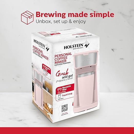Holstein Housewares Personal Coffee Maker with 14oz Travel Mug – Compact One-Touch Brew Machine with Reusable Filter, Auto Shut-Off, Non-Stick Plate, Ideal for Home, Office, or Dorm. Pink