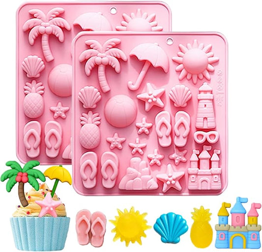 Summer Beach Theme Silicone Molds, Summer Beach Chocolate Silicone Molds 44 Cavity Gummy Mold Candy Mold for DIY Resin Product Cookie Ice Cube Baking Mould 2PCS Pink