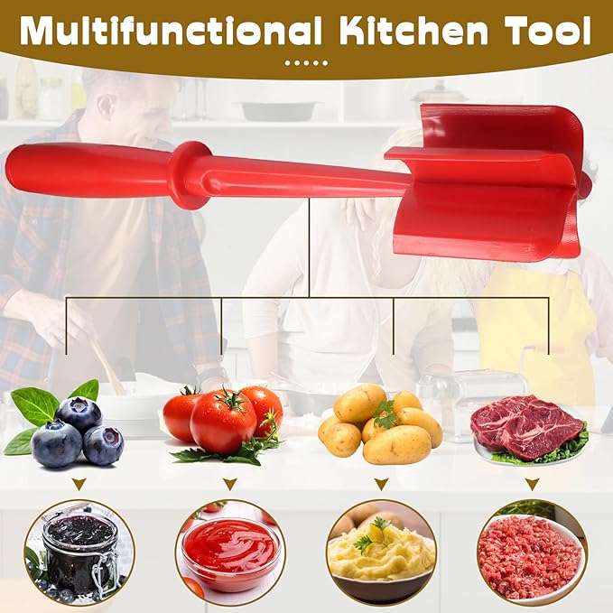Meat Masher, 5 Curve Blade Hamburger Chopper, Heat Resistant Meat Masher for Ground Beef, Mix and Chop Kitchen Tool, Food Smasher Tool for Hamburger, Beef, Potato, Tomato, Avocado (Red)