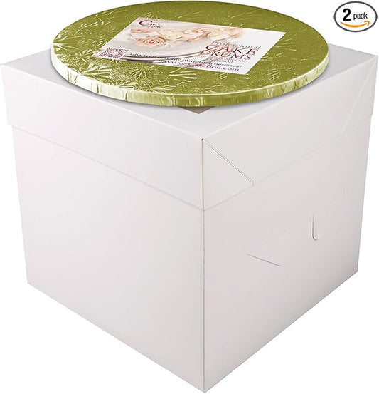 Cakebon Cake Boxes with Boards - 10 Inch Round Cake Drum Gold - Box With Window for Birthdays, Weddings and Parties (1pc Each, 2pcs Total)