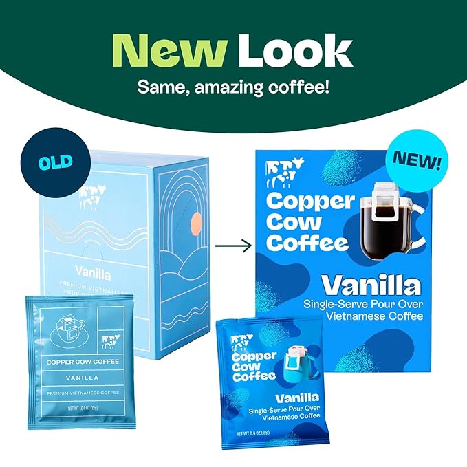 Copper Cow Coffee Premium Pour Over Single-Serve Vietnamese Coffee Pouches (8 pack) | Vanilla | Dark Roast | Flavored with Vanilla Beans | Convenient Vietnamese Ground Coffee Packets, Travel Friendly