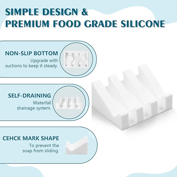Self Draining Soap Dish,Silicone Suction Cup Soap Holder, Bathroom Soap Dish for Bar Soap,Can Extend Soap Life,Bathroom, Bath Tub, Kitchen Sink (2, White)