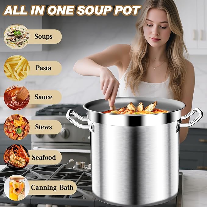 Stock Pot - 50QT Large Soup Pot with Lid - Heavy Duty Induction Tri-Ply Bottom Commercial Grade Stockpot for Boiling Cooking Soup Stew Pasta Cooking Pots, Deep Cookware