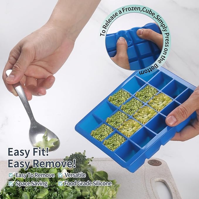 2 Tbsp & 1 Tbsp Silicone Freezer Molds - Perfect for Storing Garlic, Herbs, Ginger, Pesto, Tomato Paste, Lemon Juice,Vegetable Purees,Purees and More - Silicone Food Freezer Tray (Blue 4 Pack)