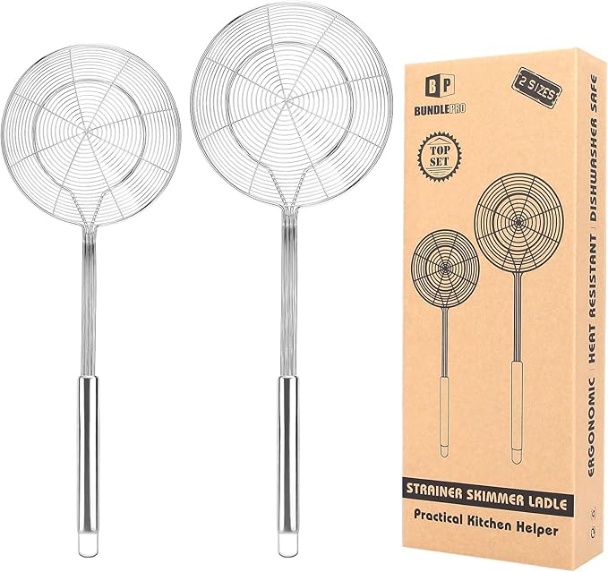 Pack of 2 Large Spider Strainer, Stainless Steel Skimmer Basket,Kitchen Ladle Strainers,Mesh Spoons with Long Handle, Cooking Tools for Frying, Boiling Noodles, Dumplings, Pasta
