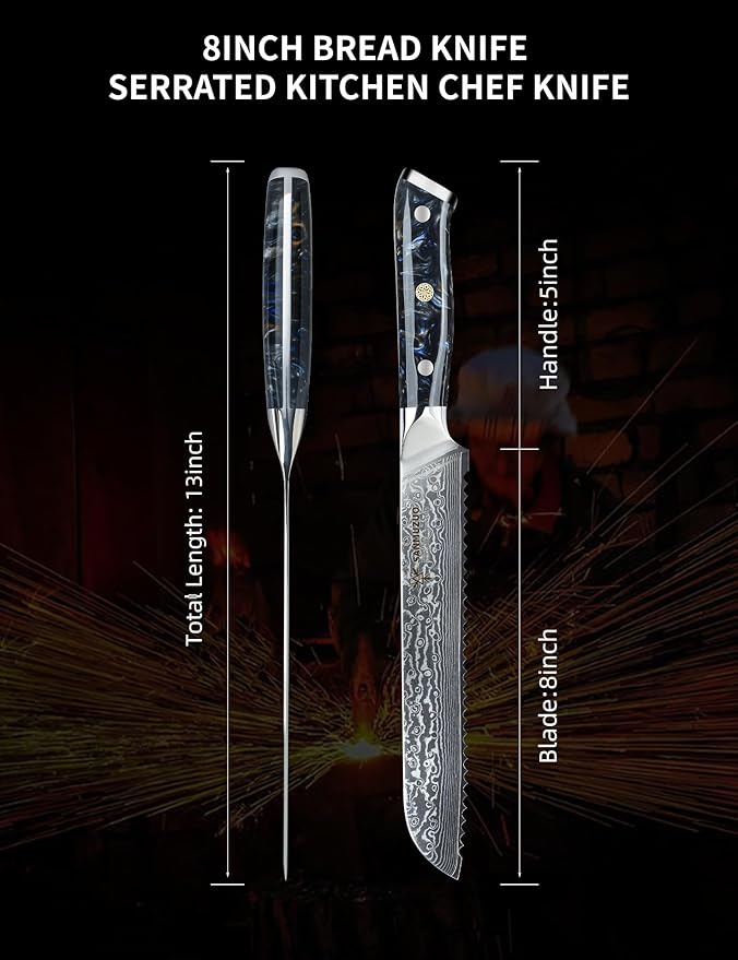 8 inch Bread Knife Serrated Kitchen Chef Knife - Damascus Steel & Resin Handle - Xuan Series (Starry Black)
